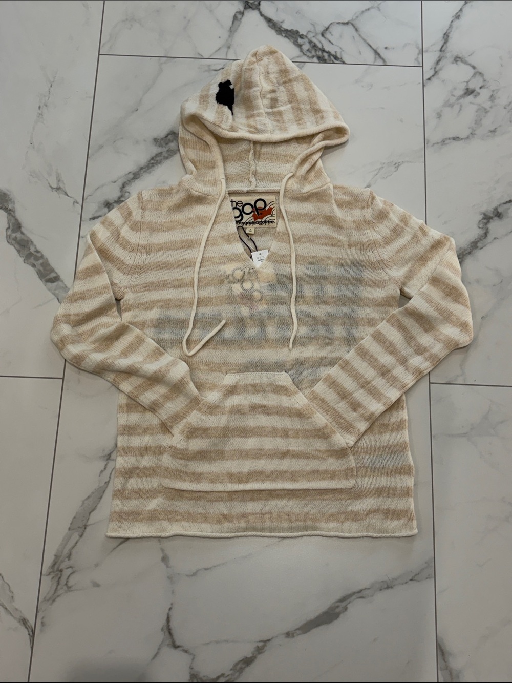 Free City by GAP Cream and Tan Striped Hooded V-Neck Sweater